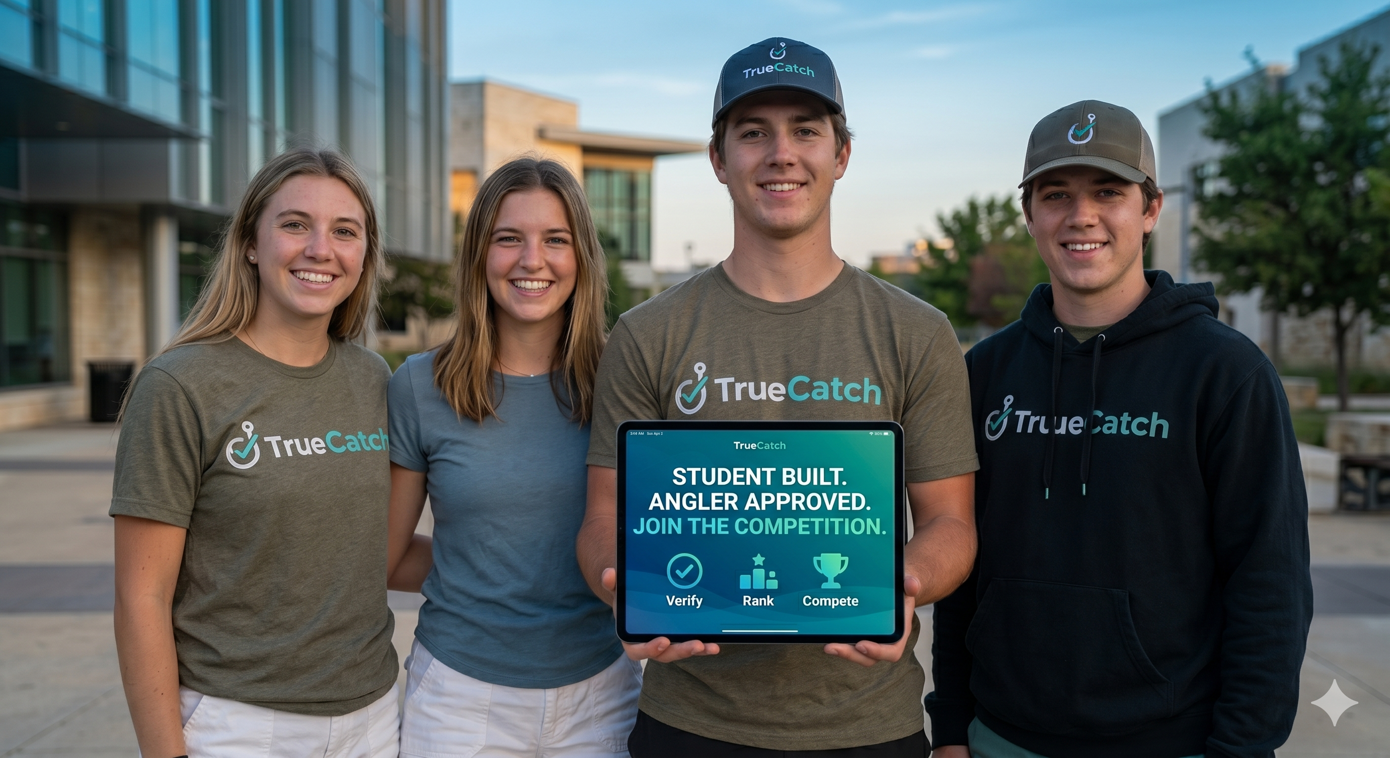 Students looking at a fishing app concept outdoors